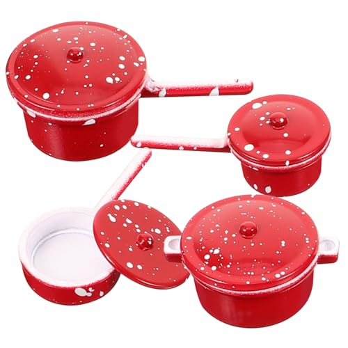 KONTONTY 4 Stück Puppenhaus Miniatur Kochtopf Set Teiliges Rotes Emaille Kochgeschirr für Mini Küche Puppenhaus Dekoration Realistische Miniatur Töpfe Zubehör von KONTONTY