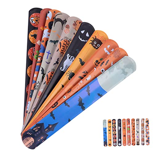 KONTONTY 50 Stück Halloween Slap Armbänder mit Buntem Muster Leichte Kinderparty Geschenke Verstellbare Schnapparmbänder für Jungen und Mädchen Sichere Halloween Party Mitgebsel von KONTONTY