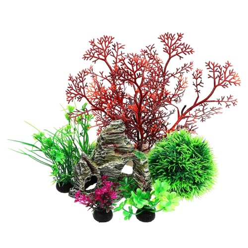 KONTONTY 7 Stück Künstliche Aquarienpflanzen Set Teilig Dekoration für Fischtanks Widerstandsfähige und Pflegeleichte Wasserpflanzen und Höhlenfelsen für Kreative Aquariengestaltung von KONTONTY