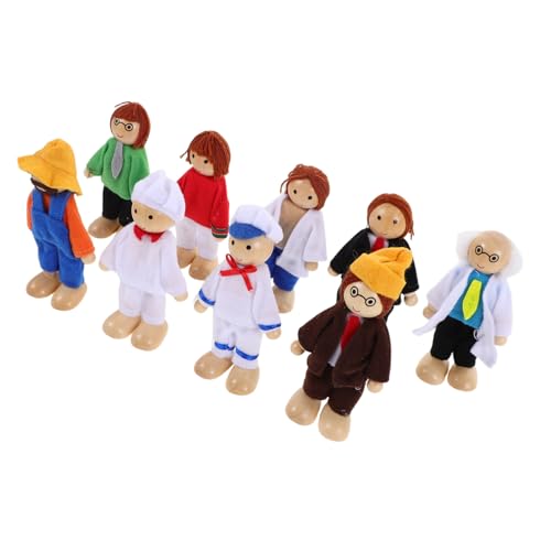 KONTONTY 9 Stück Teiliges Holz-familienpuppen-Set mit Biegsamen Beweglichen Figuren in Detailreichen Outfits Inklusive Verschiedener Berufe für Kreatives Rollenspiel und Soziale bei von KONTONTY