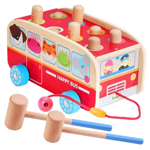 KONTONTY Bus Hammer Farbige Lernfunktion Robustes Holzspielzeug für Hand Auge Koordination Leicht Tragbar Pädagogisches Hämmern für Kleinkinder und Vorschulkinder von KONTONTY