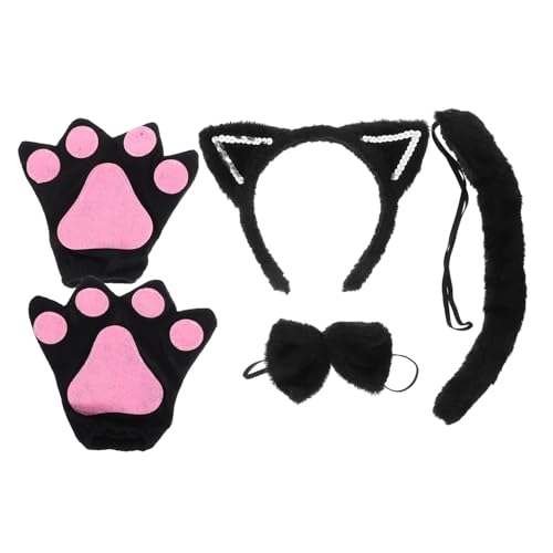 KONTONTY Cosplay Katzenohren Haarreif mit Schwarzem Plüsch und Schleife Inklusive Passenden Handschuhen für Halloween Karneval Tier Rollenspiel Partys von KONTONTY