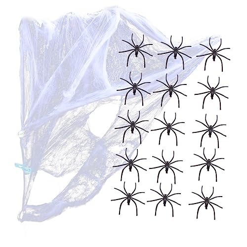 KONTONTY Halloween Deko mit Dehnbarem Polyester Spinnennetz und Künstlichen Spinnen Realistische Halloween Dekoration für Party und Gruselige Atmosphäre von KONTONTY