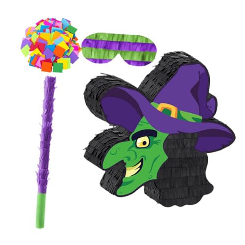 KONTONTY Halloween Hexen-piñata aus Papier mit Schlagstab Augenbinde und Konfetti Kinderfreundliches Partyspiel für Halloween-feiern und Thematische Dekorationen von KONTONTY