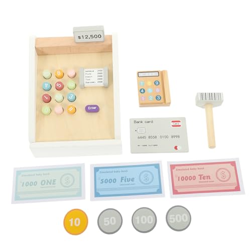 KONTONTY Holz Kindergarten Kasse Set Interaktives Lernspielzeug mit Scanner Spielgeld und Kaufladen Emulation Pädagogisches Rollenspiel für Kleinkinder Fördert Feinmotorik und Fantasie von KONTONTY