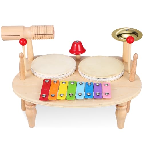 KONTONTY Holz Schlaginstrumente Mini Handtrommel Xylophon und Tamburin für Zuverlässige Klarer Pädagogisches für Musikalische von KONTONTY