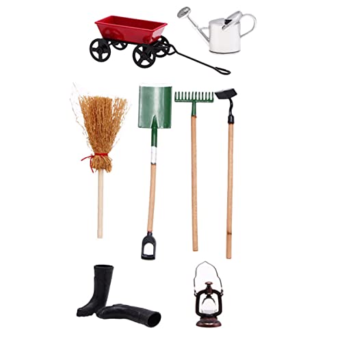 KONTONTY Garten Gartenwerkzeug Set 9 Teiliges Zubehör Für Puppenhaus Und Landschaft Gießkanne Unkrauthacke Und Gartenwagen Perfekte Deko Für von KONTONTY