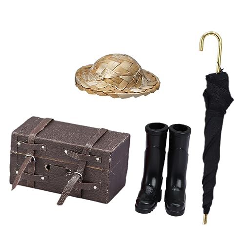 KONTONTY Miniatur Koffer Set mit Regenschirm Strohhut und Gummistiefel für Puppenhaus Deko Teiliges Set für DIY Miniatur Szenen und Kreative Gestaltung von KONTONTY