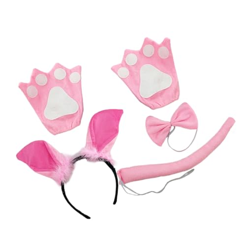 KONTONTY Schwein Kostüm Set mit Haarschmuck Schweineohren Haarreif Schweineschwanz Fliege und Handschuhe für Karneval Party Cosplay Bühnenauftritte von KONTONTY