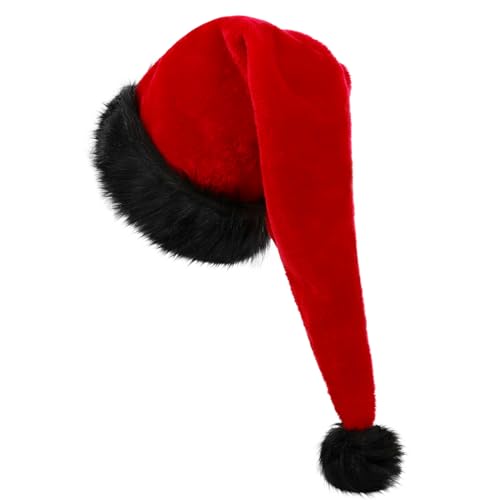 KONVINIT Lang Weihnachtsmütze Nikolausmütze Erwachsene Schwarz Plüsch weihnachtsmann mütze mit dicker fellrand,Santa Clause Mütze für Weihnachtsfeier,red and black von KONVINIT