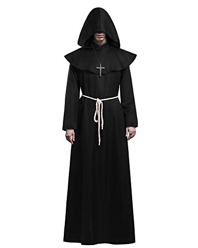 KONVINIT Mönch Robe Kostüm Männer Prister Gewand Kostüm Mittelalterliche Robe mit Kapuze Halloween Kostüm ideal für Mottoparty, Halloween, Karneval und Fasching,black L von KONVINIT