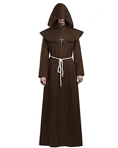 KONVINIT Mönch Robe Kostüm Männer Prister Gewand Kostüm Mittelalterliche Robe mit Kapuze Halloween Kostüm ideal für Mottoparty, Halloween, Karneval und Fasching,brown S von KONVINIT