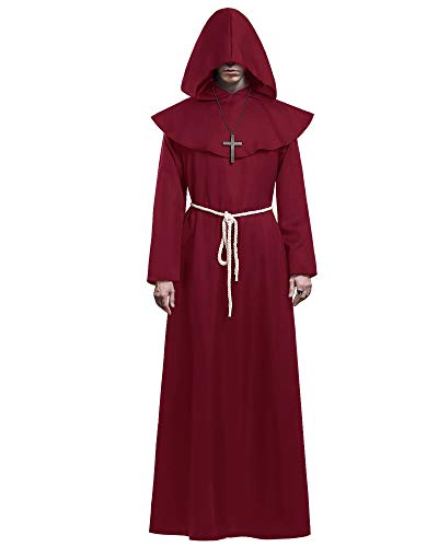 KONVINIT Mönch Robe Kostüm Männer Prister Gewand Kostüm Mittelalterliche Robe mit Kapuze Halloween Kostüm ideal für Mottoparty, Halloween, Karneval und Fasching,red M von KONVINIT