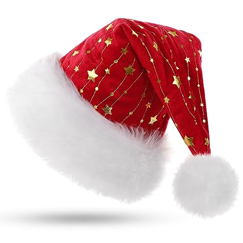 KONVINIT Plüsch Weihnachtsmütze Erwachsene Nikolausmütze mit goldener Stern und Doppelfütterung Rot Santa Claus Mütze für Herren und Damen,Nikolaus Kostüm Zubehör,rot von KONVINIT