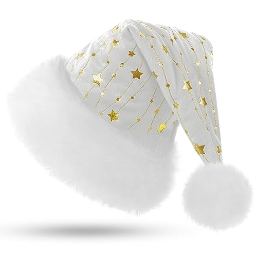 KONVINIT Plüsch Weihnachtsmütze Erwachsene Nikolausmütze mit goldener Stern und Doppelfütterung Weiss Santa Claus Mütze für Herren und Damen,Nikolaus Kostüm Zubehör,white von KONVINIT