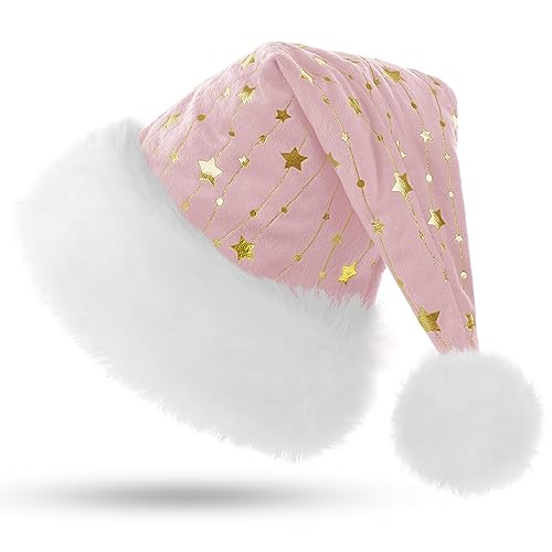 KONVINIT Plüsch Weihnachtsmütze Erwachsene Nikolausmütze mit goldener Stern und Doppelfütterung rosa Santa Claus Mütze für Herren und Damen,Nikolaus Kostüm Zubehör,pink von KONVINIT