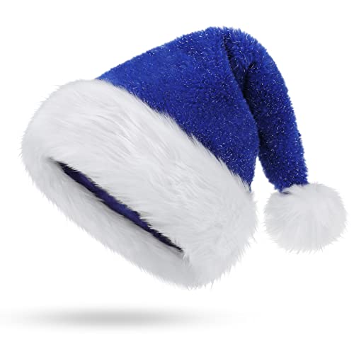 KONVINIT Weihnachtsmütze Glitzer Nikolausmütze Erwachsene Blau Weihnachtsmann Mütz Plüsch Rand Santa Clause Mütze für Herren und Damen,blue von KONVINIT
