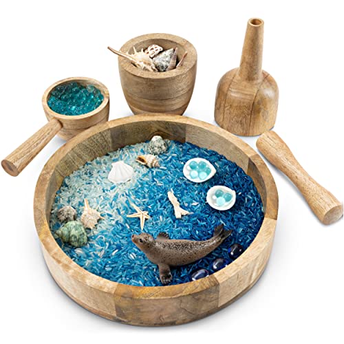 KOOKAROO Holztrichter & sensorisches Spielset - Montessori Gießen, Schaufeln & Mahlen Kit für lose Teile & Wasserspiel, Natürliches Mangoholz von KOOKAROO