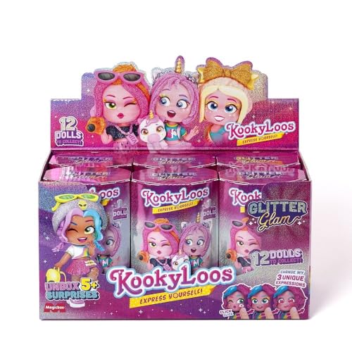 KOOKYLOOS Serie Glitter Glam - Box mit 6 Sammelpuppen mit jeweils 3 verschiedenen Gesichtern Kommt mit Modeaccessoires, Kleidung, Schuhen und Spielzeug. Version A von KOOKYLOOS