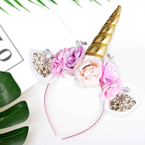 KOOKZ Einhorn Haarreif Mädchen, 1 Stück Blumen Haarreifen mit Ohren und Einhorn Horn, Unicorn Deko Stirnband Kinder Haarschmuck/Head Accessoires für Geburtstag Party Halloween Karneval（Golden） von KOOKZ