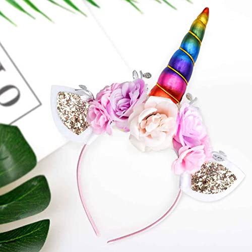 KOOKZ Einhorn Haarreif Mädchen, 1 Stück Blumen Haarreifen mit Ohren und Einhorn Horn, Unicorn Deko Stirnband Kinder Haarschmuck/Head Accessoires für Geburtstag Party Halloween Karneval（Mehrfarbig） von KOOKZ