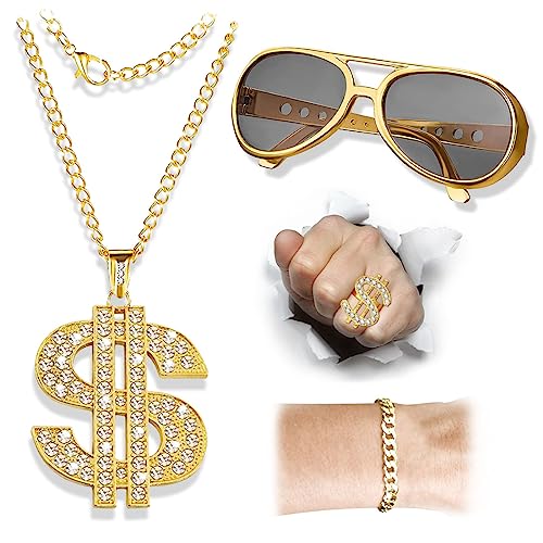 KOOKZ Hip Hop Kostüm 4er Set, Rapper Accessories Goldene Dollar Kette Brille Armband & Ring, Zuhälter Kostüm Ideale 80er 90er Jahre Party Outfit Herren/Damen, für Mottoparty Fasching Karneval KOOKZ Hip Hop Kostüm 4er Set, Rapper Accessories Goldene Dollar Kette Brille Armband & Ring, Zuhälter Kostüm Ideale 80er 90er Jahre Party Outfit Herren/Damen, für Mottoparty Fasching Karneval von KOOKZ