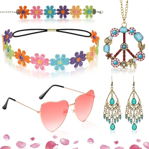 KOOKZ Hippie Accessoires Hippie Kostüm Damen, 5 Stück Flower Power Kostüm 70er Jahre Outfit Damen Faschingskostüm Hippie, Hippie Brille, Peace Kette Hippie Haarschmuck KOOKZ Hippie Accessoires Hippie Kostüm Damen, 5 Stück Flower Power Kostüm 70er Jahre Outfit Damen Faschingskostüm Hippie, Hippie Brille, Peace Kette Hippie Haarschmuck von KOOKZ