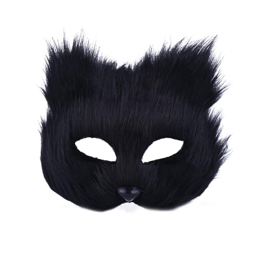 KOOMAL Furry Fox Half Face Eye Mask Fox Costume Accessory Fancy Dress Halloween Carnival Cosplay Party Mask for Adult (B, black) von KOOMAL
