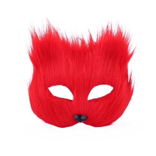 KOOMAL Furry Fox Half Face Eye Mask Fox Costume Accessory Fancy Dress Halloween Carnival Cosplay Party Mask for Adult (B, red) von KOOMAL