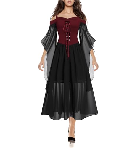 KOOMAL Women Gothic Halloween Dress Sexy, Oversized A-line Lace Vintage Maxi Dresses with Butterfly Sleeves, Medieval Dress for Festive Halloween Party Costumes Victorian Gown (3XL, Red) von KOOMAL