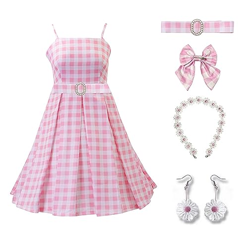 Margot Robbie Costume, Women Pink Plaid Dress Skirt with Hair Bow Daisy Necklace Earrings, Halloween Cosplay Suit A-line Dress Fancy Dress (Kids, 150cm) von KOOMAL