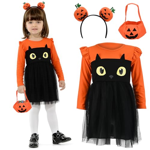 KOOOGEAR Halloween-Kostüm, Kürbiskleid, Kinder, Mädchen, Kürbis-Tutu-Kleid, Prinzessinnenkleider mit Stirnband, Süßigkeitentüte für Halloween, Karneval, Cosplay, Geburtstagsparty (5–6 Jahre), 3 Stück von KOOOGEAR