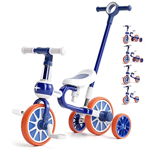 KORIMEFA 4 in 1 Laufräder Laufrad Kinderdreirad Dreirad Lauffahrrad Lauflernhilfe für Kinder ab 1 Jahre bis 4 Jahren (Blau mit Push-Lenker) von KORIMEFA