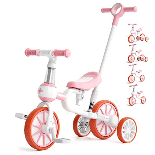 KORIMEFA 4 in 1 Laufräder Laufrad Kinderdreirad Dreirad Lauffahrrad Lauflernhilfe für Kinder ab 1 Jahre bis 4 Jahren (Rosa mit Push-Lenker) von KORIMEFA