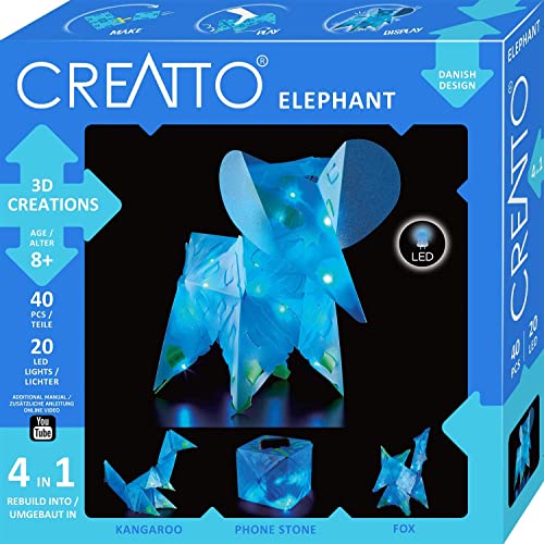Thames & Kosmos 3461 CREATTO Elefant 3D-Leuchtfiguren entwerfen, 3D-Puzzle für Elefant, Fuchs, Känguru, Handystation, kreative Zimmer-Deko, 40 Steckteile, 20-tlg LED-Lichterkette von Kosmos