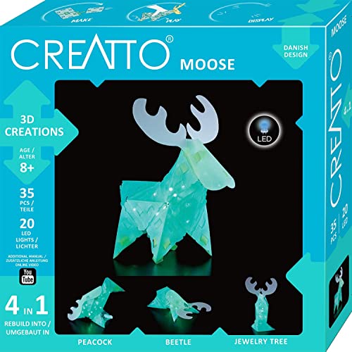 KOSMOS 3478 CREATTO Elch 3D-Leuchtfiguren entwerfen, 3D-Puzzle für Elch, Pfau, Käfer, Schmuckbaum, kreative Zimmer-Deko, 36 Steckteile, 20-tlg LED-Lichterkette, Mittel von Thames & Kosmos