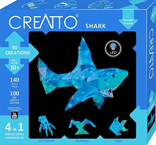 KOSMOS 3522 CREATTO Hai, 3D-Leuchtfiguren entwerfen, 3D-Puzzle-Set für Hai, Tintenfisch, Möwe, Fisch, kreative Zimmer-Deko, 140 Steckteile, 100-tlg LED-Lichterkette von Kosmos