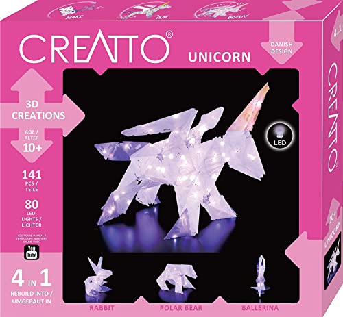KOSMOS 3539 CREATTO Einhorn 3D-Leuchtfiguren entwerfen, 3D-Puzzle-Set für Einhorn, Ballerina, Hase, Eisbär, kreative Zimmer-Deko, 140 Steckteile, 80-TLG LED-Lichterkette von Kosmos