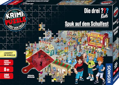 Die drei ??? Kids - Krimi Puzzle - Spuk auf dem Schulfest von KOSMOS 697983, Leuchtet im Dunkeln, 200 Teile, Lesen, Puzzeln, Rätsel lösen, Detektiv Puzzle für Kinder ab 8 Jahre von Die drei