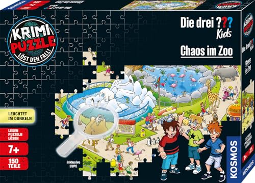 KOSMOS 697990 Krimi Puzzle Die drei ??? Kids Chaos im Zoo, 150 Teile, Leuchtet im Dunkeln, Lesen, Puzzeln, Rätsel lösen, Kinder ab 7 Jahre, Detektiv Puzzle, Zoo Puzzle mit Die drei Fragezeichen Kids von Die drei ???