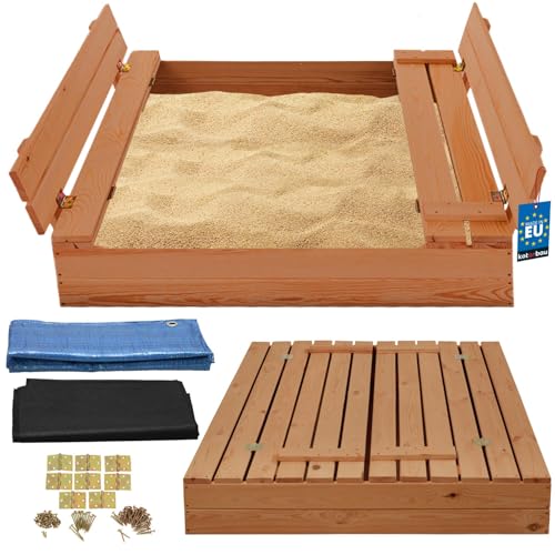 KOTARBAU® Sandkasten mit Abdeckung 100 x 100 cm Braun Großer Holzsandkasten Sandkasten mit Sitzbank und Deckel Gartenspielzeug Kinder imprägniert verschließbar mit Bänken von KOTARBAU
