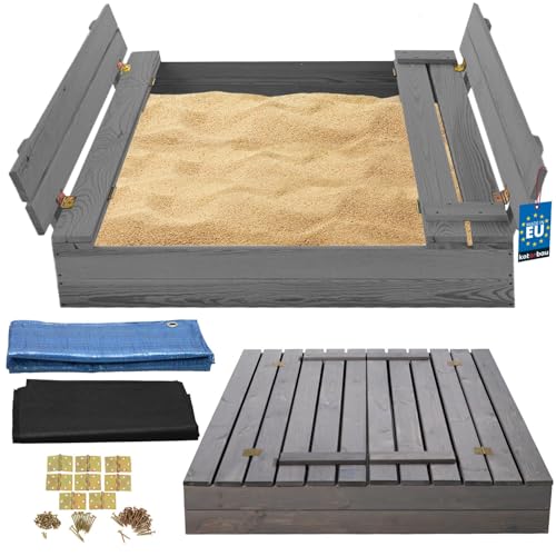 KOTARBAU® Sandkasten mit Abdeckung 100 x 100 cm Grau Großer Holzsandkasten Sandkasten mit Sitzbank und Deckel Gartenspielzeug Kinder imprägniert verschließbar mit Bänken von KOTARBAU