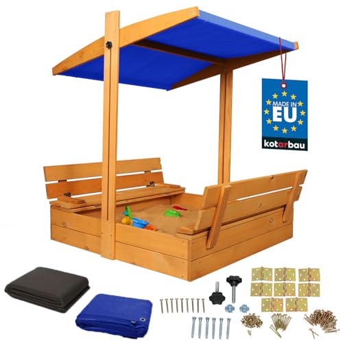 KOTARBAU® Sandkasten mit Abdeckung 100 x 100 cm Großer Braun Holzsandkasten mit Blau Dach Sandkasten mit Deckel Sandkasten mit Dach Gartenspielzeug Kinder imprägniert verschließbar mit Bänken von KOTARBAU