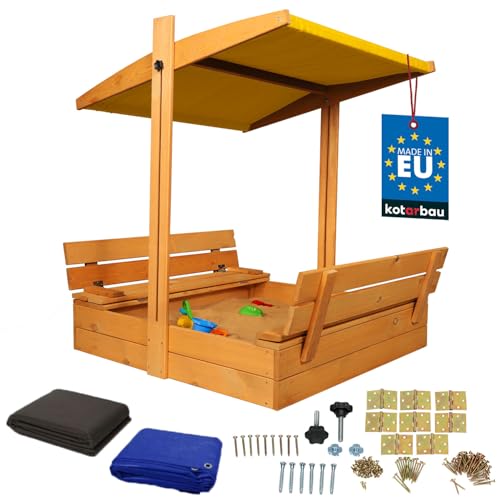 KOTARBAU® Sandkasten mit Abdeckung 100 x 100 cm Großer Braun Holzsandkasten mit Gelb Dach Sandkasten mit Deckel Sandkasten mit Dach Gartenspielzeug Kinder imprägniert verschließbar mit Bänken von KOTARBAU