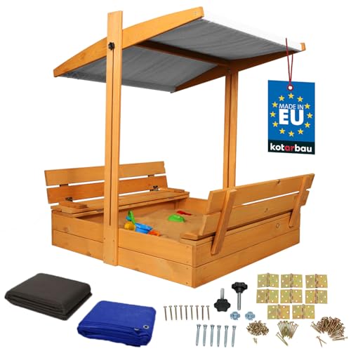KOTARBAU® Sandkasten mit Abdeckung 100 x 100 cm Großer Braun Holzsandkasten mit Grau Dach Sandkasten mit Deckel Sandkasten mit Dach Gartenspielzeug Kinder imprägniert verschließbar mit Bänken von KOTARBAU