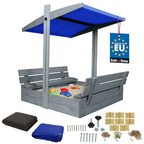 KOTARBAU® Sandkasten mit Abdeckung 100 x 100 cm Großer Grau Holzsandkasten mit Blau Dach Sandkasten mit Deckel Sandkasten mit Dach Gartenspielzeug Kinder imprägniert verschließbar mit Bänken von KOTARBAU