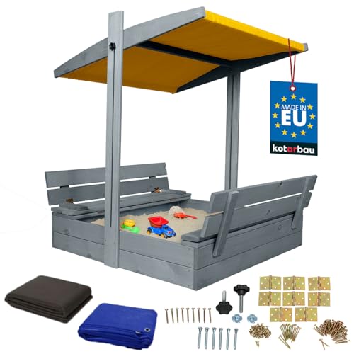 KOTARBAU® Sandkasten mit Abdeckung 100 x 100 cm Großer Grau Holzsandkasten mit Gelb Dach Sandkasten mit Deckel Sandkasten mit Dach Gartenspielzeug Kinder imprägniert verschließbar mit Bänken von KOTARBAU