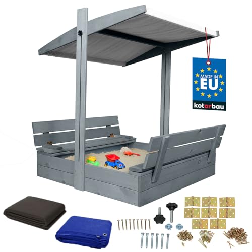 KOTARBAU® Sandkasten mit Abdeckung 100 x 100 cm Großer Grau Holzsandkasten mit Grau Dach Sandkasten mit Deckel Sandkasten mit Dach Gartenspielzeug Kinder imprägniert verschließbar mit Bänken von KOTARBAU
