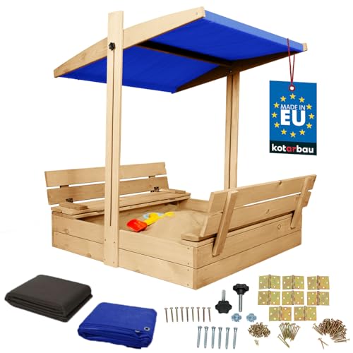 KOTARBAU® Sandkasten mit Abdeckung 100 x 100 cm Großer Naturfarbe Holzsandkasten mit Blau Dach Sandkasten mit Deckel Sandkasten mit Dach Gartenspielzeug Kinder imprägniert verschließbar mit Bänken von KOTARBAU