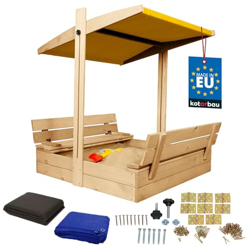 KOTARBAU® Sandkasten mit Abdeckung 100 x 100 cm Großer Naturfarbe Holzsandkasten mit Gelb Dach Sandkasten mit Deckel Sandkasten mit Dach Gartenspielzeug Kinder imprägniert verschließbar mit Bänken von KOTARBAU